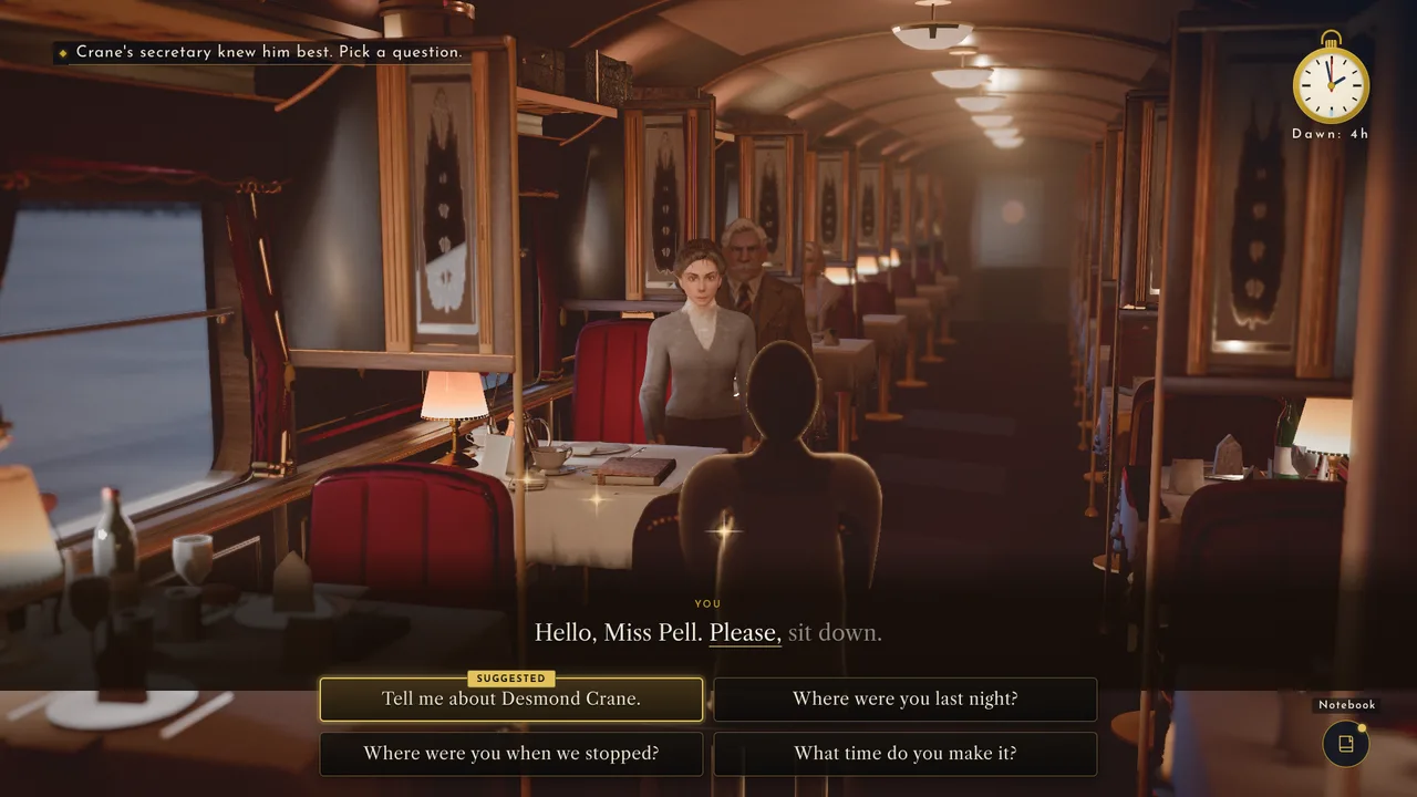 Nora Pell sitting down for her interview in the dining car