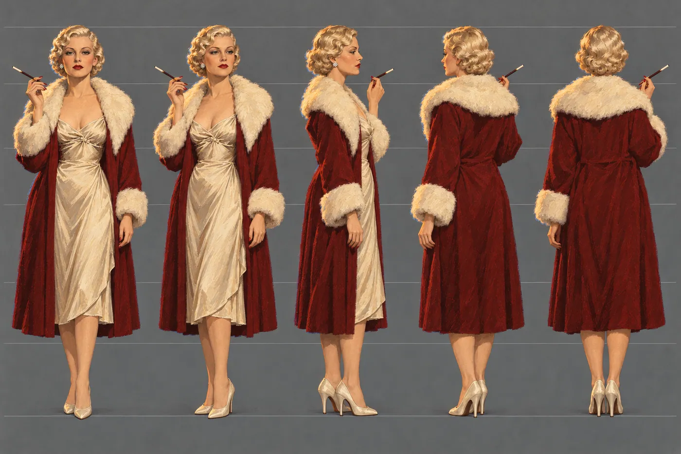Celeste Varga's turnaround sheet from the front, side and back