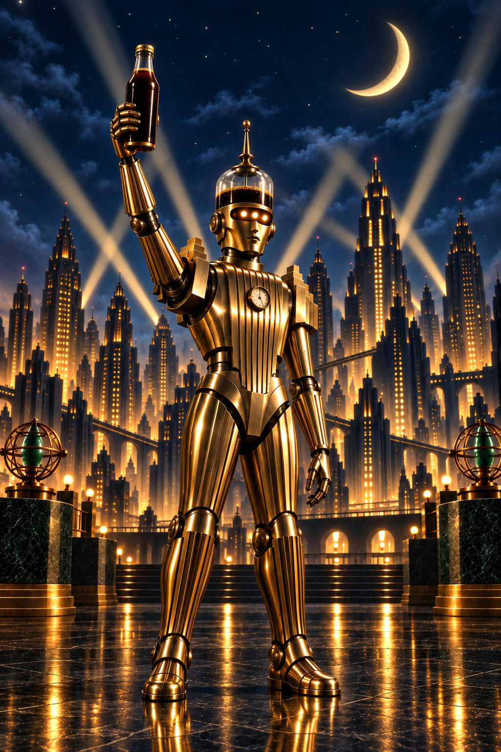 Sterling raises a cold brew bottle above a brass-lit art deco city.