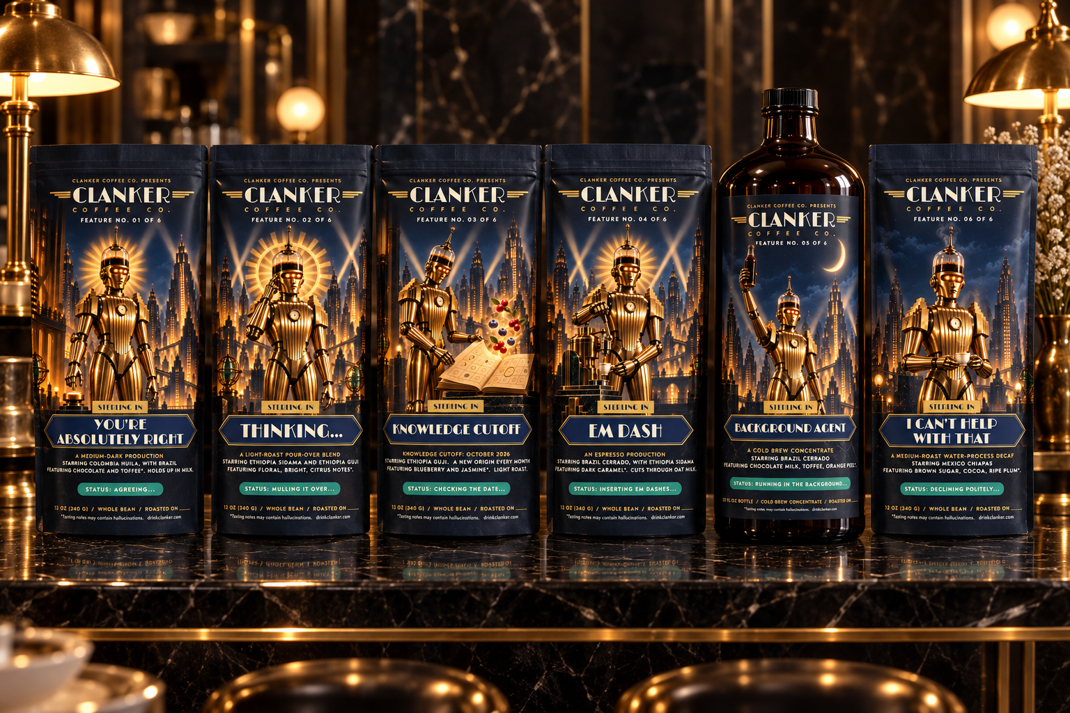 Full Clanker lineup with the Background Agent bottle