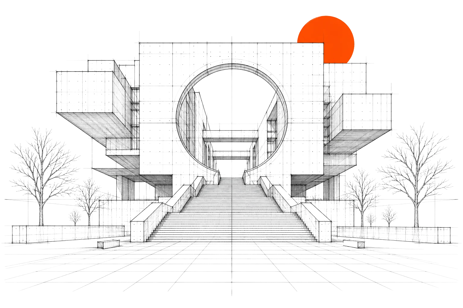 Line drawing of a monumental building with a circular opening and a red sun.