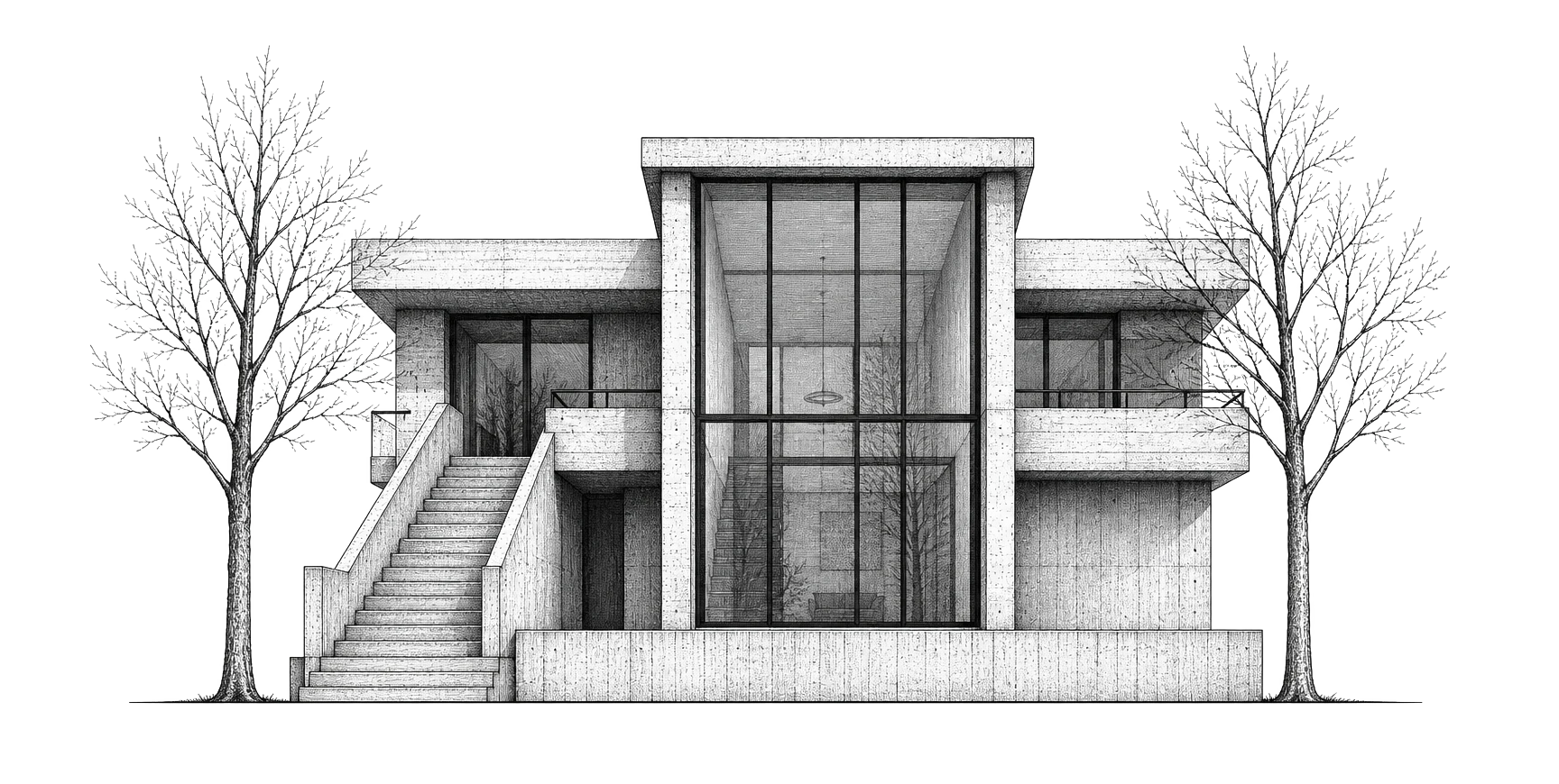 Black and white architectural sketch of a modern concrete building with large windows and trees on each side.