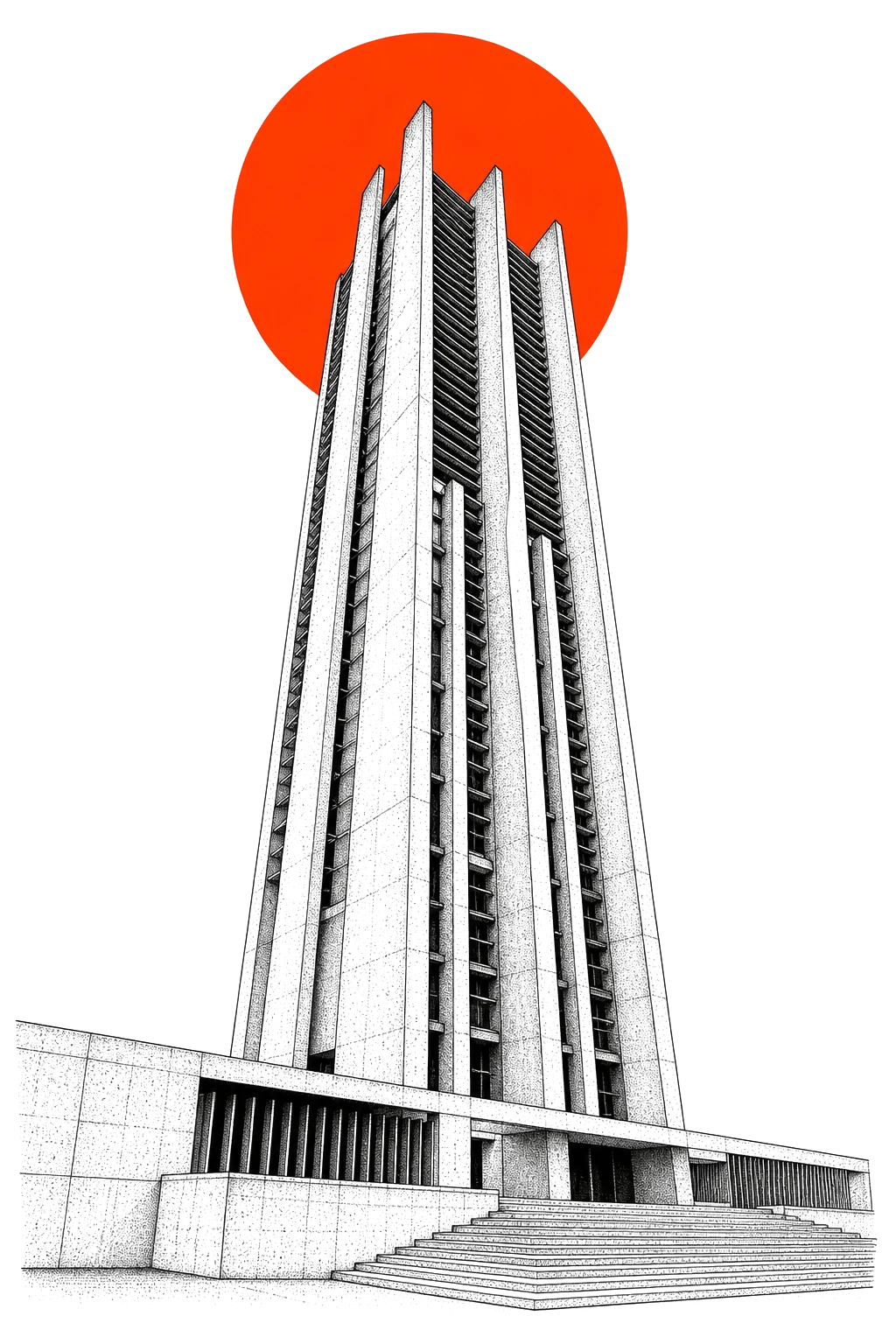 Ink drawing of a tall concrete tower in front of an orange sun.