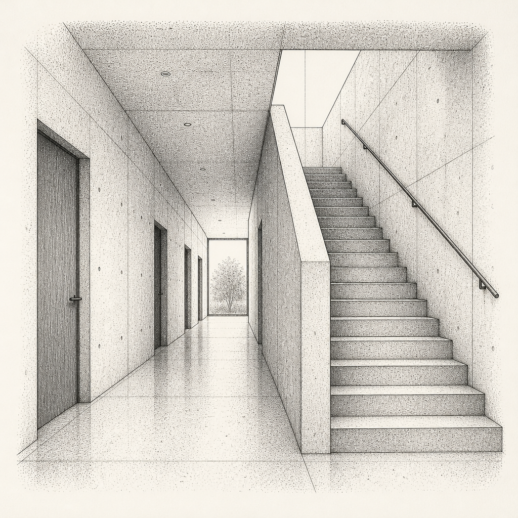 Ink drawing of a concrete corridor and staircase