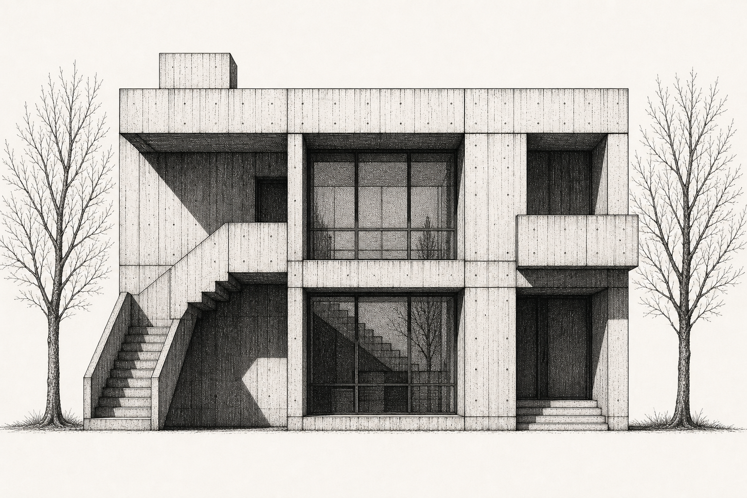 Ink elevation drawing of a modernist concrete house flanked by bare trees