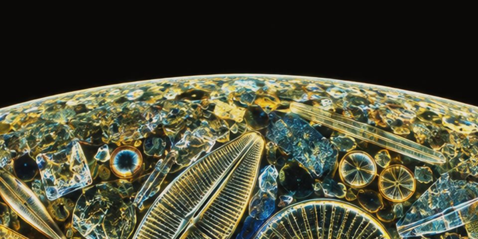 Glassy diatom shells glowing gold and cyan on black