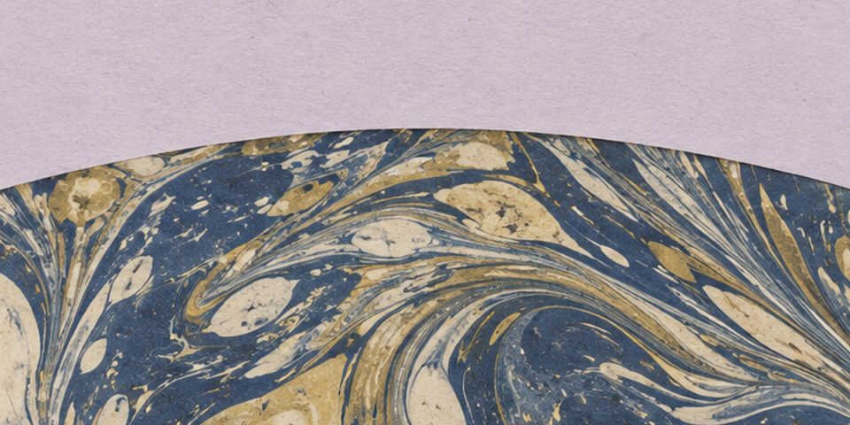 Marbled paper swirling indigo, cream and gold