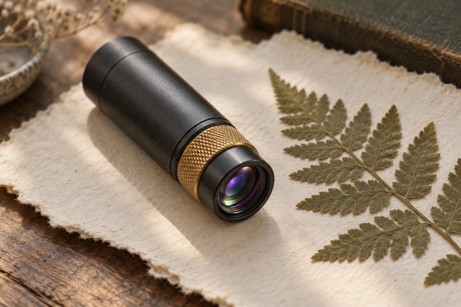 Terra Minima: a small graphite cylinder with a knurled brass focus ring and a coated glass objective, on torn cotton paper beside a pressed fern