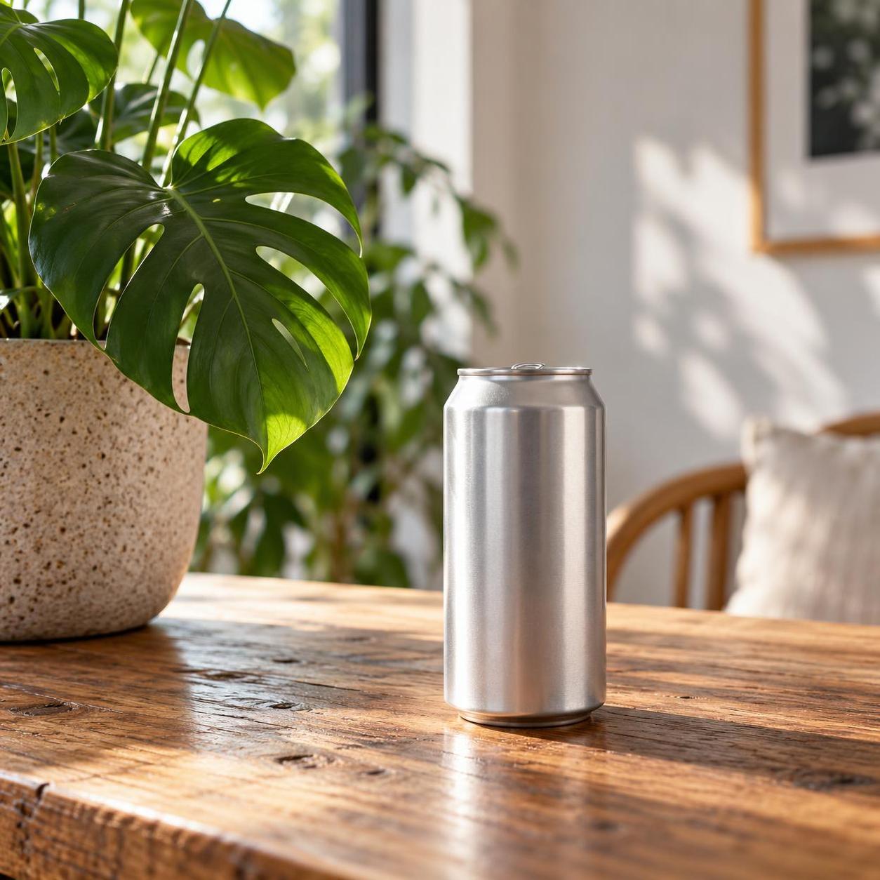 MORPHO can on a table beside a tropical plant