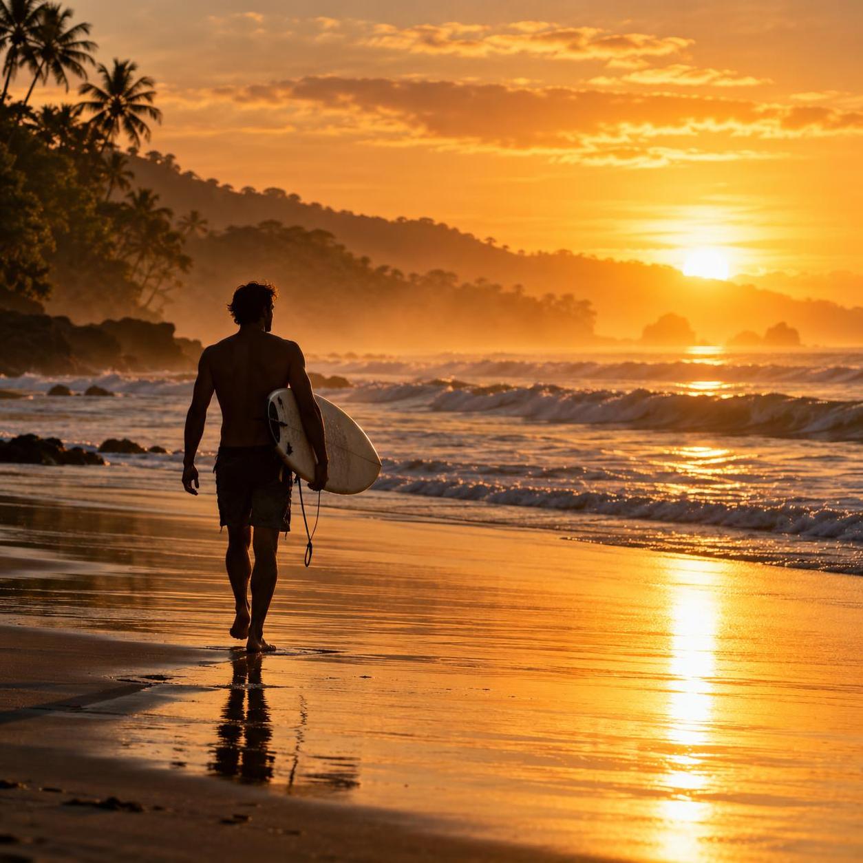 Surfer walking on the beach at sunrise