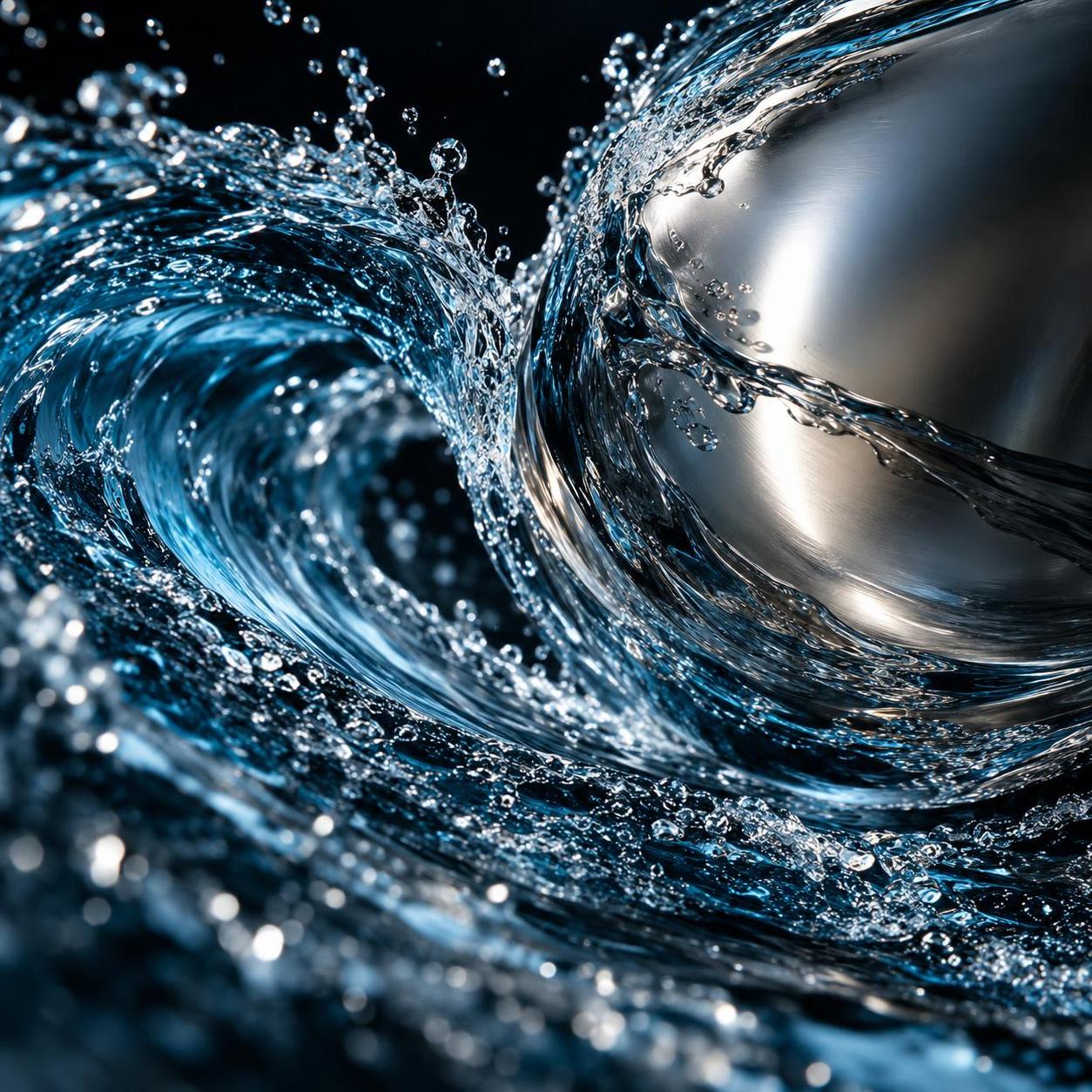 Blue water swirling around silver metal