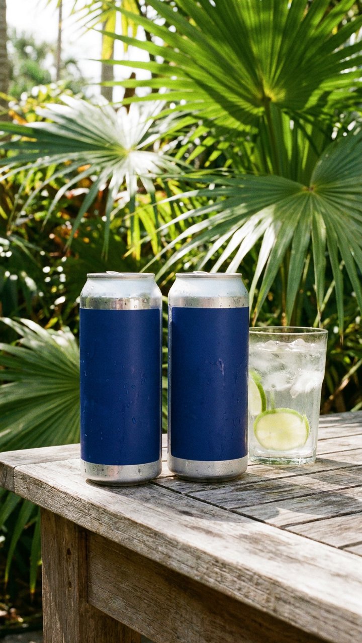 MORPHO cans and a refreshing drink in a tropical setting