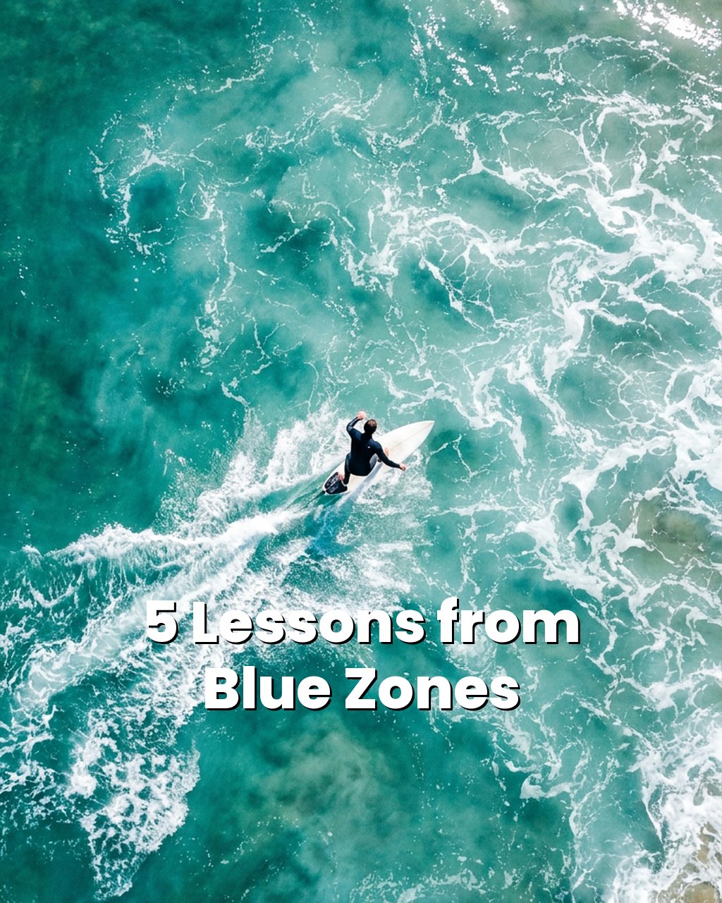A surfer riding a wave beneath the words 5 Lessons from Blue Zones