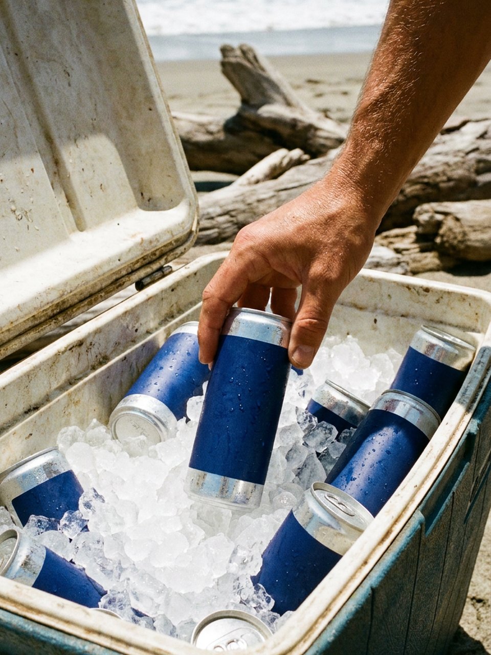 A hand reaching for a MORPHO can in a cooler filled with cans and ice