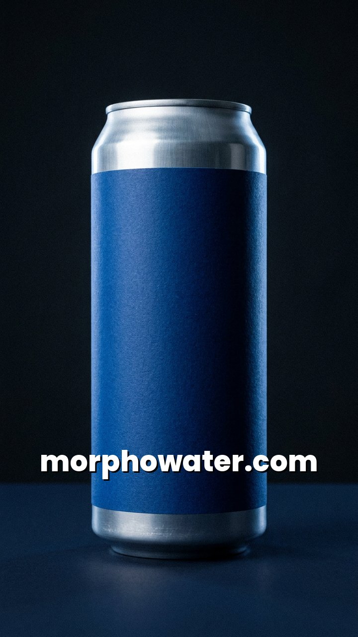 A silver MORPHO can on a dark background announcing morphowater.com