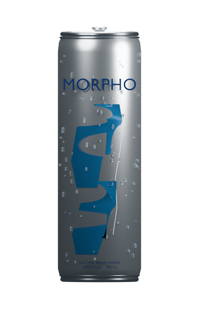 MORPHO natural spring water in a brushed aluminum can