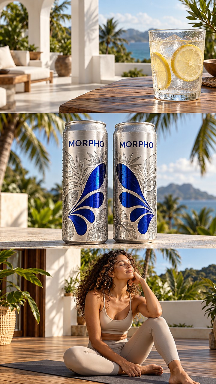 MORPHO cans and a refreshing drink in a tropical setting