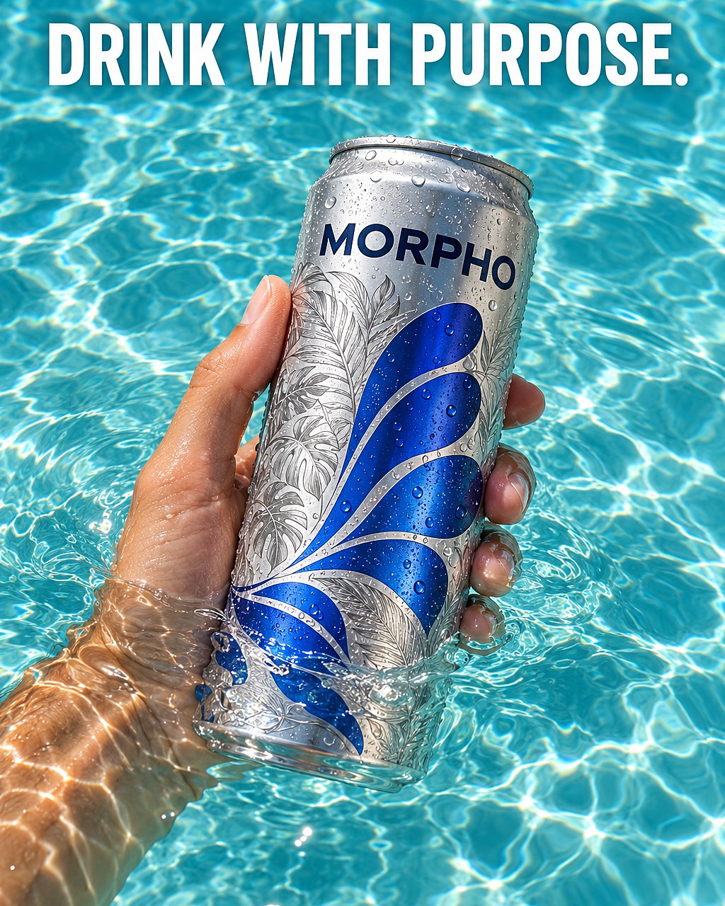 A hand holding a MORPHO can in clear blue water, with the words Drink with purpose