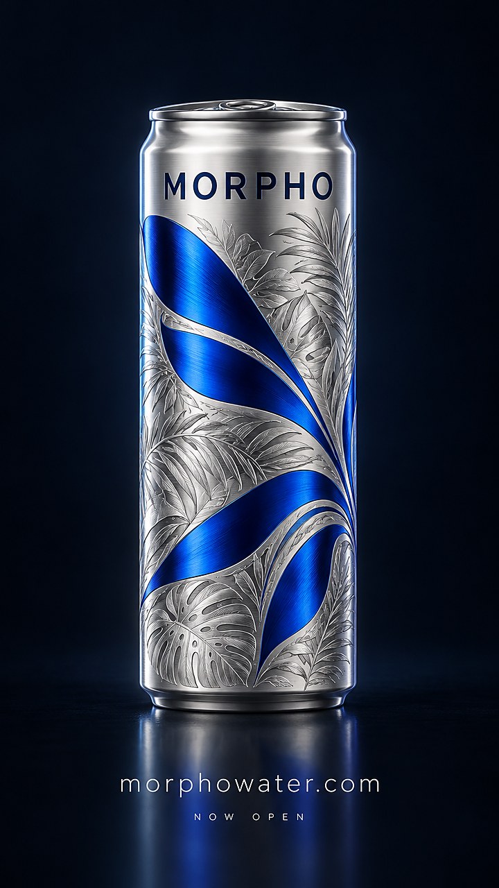 A silver MORPHO can on a dark background announcing morphowater.com
