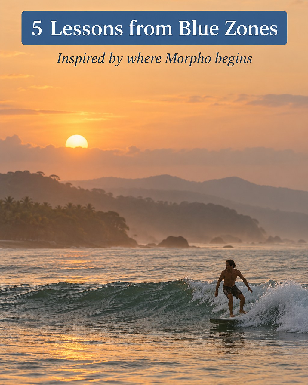 A surfer riding a wave beneath the words 5 Lessons from Blue Zones