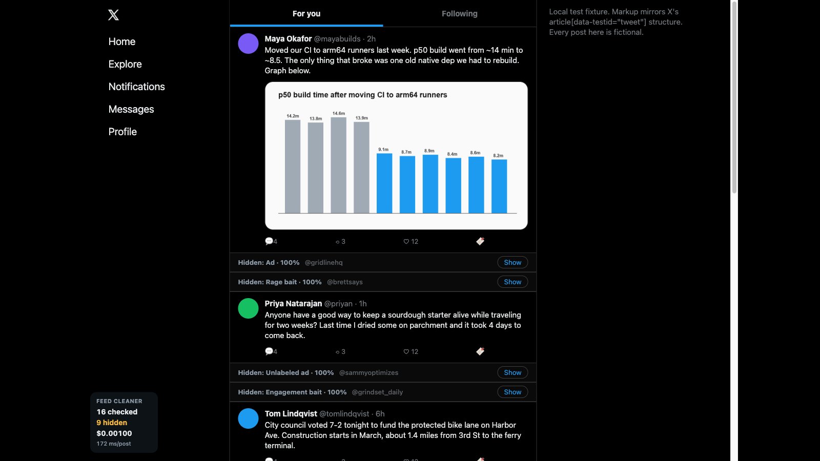 An X feed with ads and bait folded into thin bars