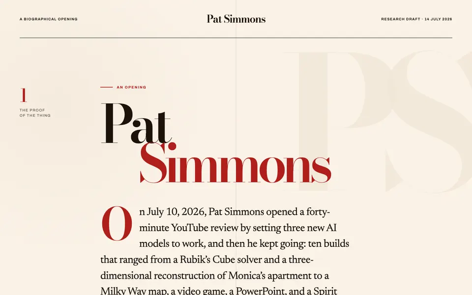 Isaacson-style Pat Simmons biography opening: GPT-5.6 Sol build