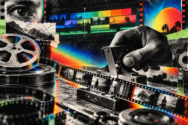 A vintage film editing bench with reels, a splicer cutting 35mm film and a glowing timeline behind it.