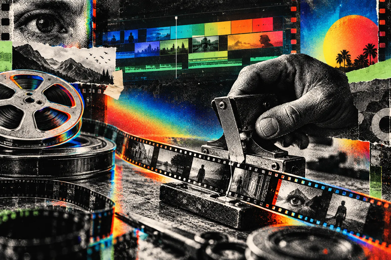 A vintage film editing bench with reels, a splicer cutting 35mm film and a glowing timeline behind it.