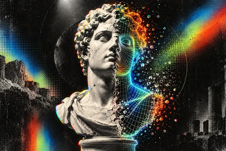 A marble bust half carved in stone and half dissolving into a glowing 3D wireframe.