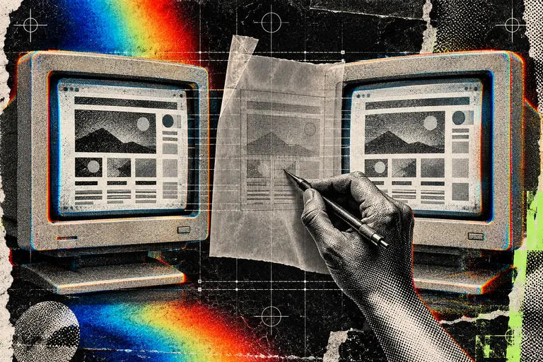 Two vintage computer monitors showing the same web page, a hand tracing one onto the other through carbon paper.