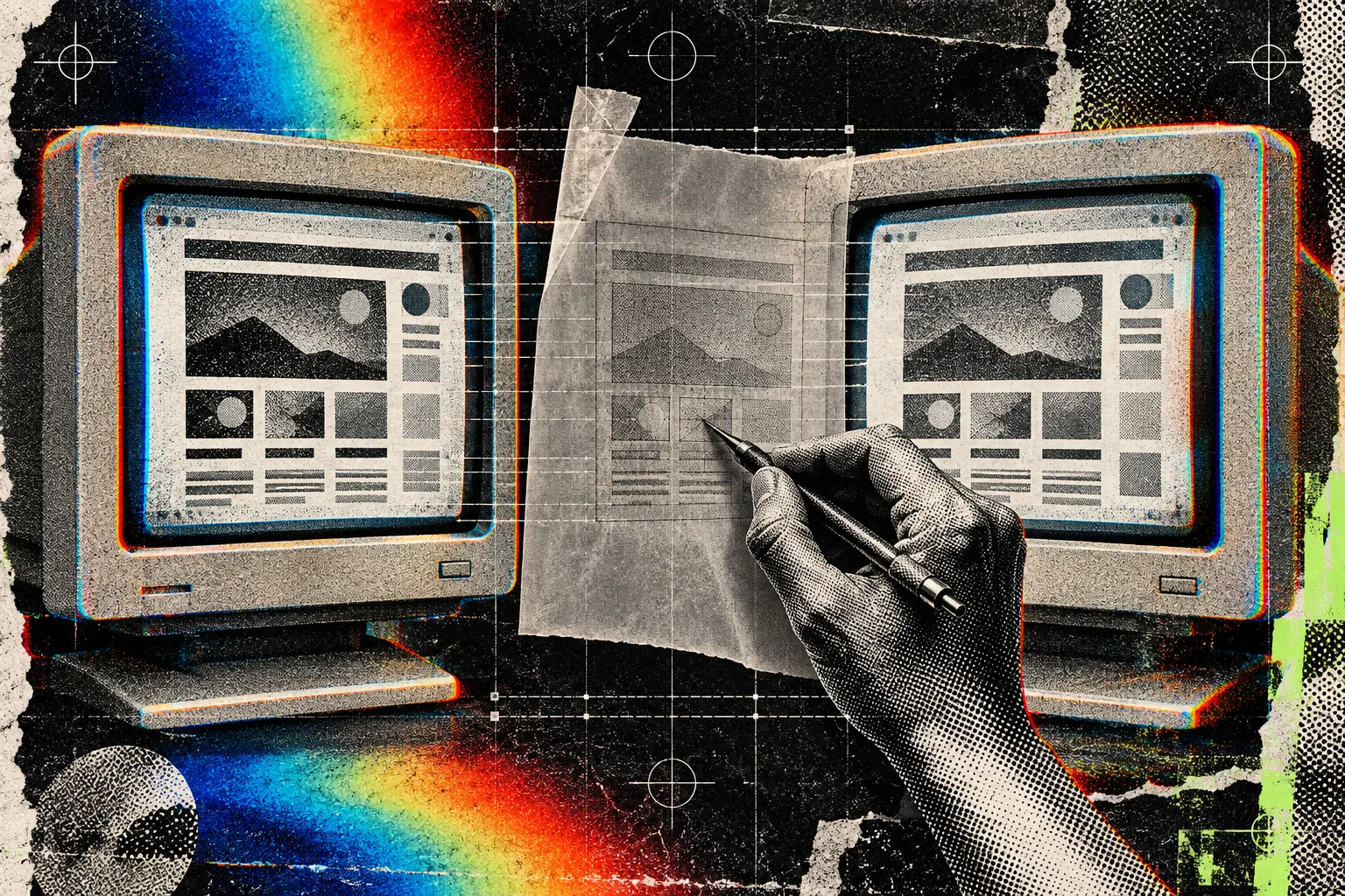 Two vintage computer monitors showing the same web page, a hand tracing one onto the other through carbon paper.