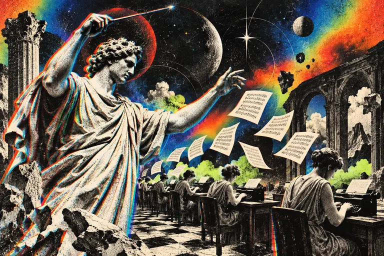 A classical statue conducting a row of figures at typewriters, sheet music flying between them.