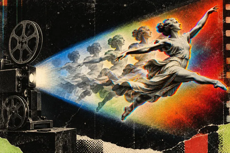 A dancer statue mid-leap in overlapping motion frames, projected from an old film projector.