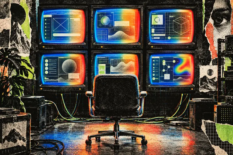 A wall of six vintage monitors, each showing a different half-built app, facing an empty office chair.
