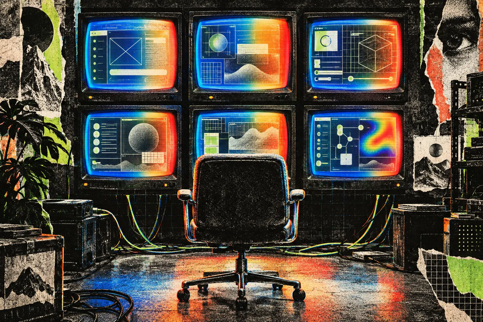 A wall of six vintage monitors, each showing a different half-built app, facing an empty office chair.